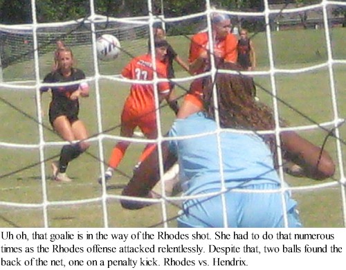 Rhodes vs. Hendrix: shot on goal by Rhodes will be saved by Hendrix goalie.