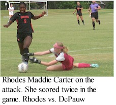 Rhodes Maddie Carter on the attack. She scored twice during the game. Rhodes vs. DePauw